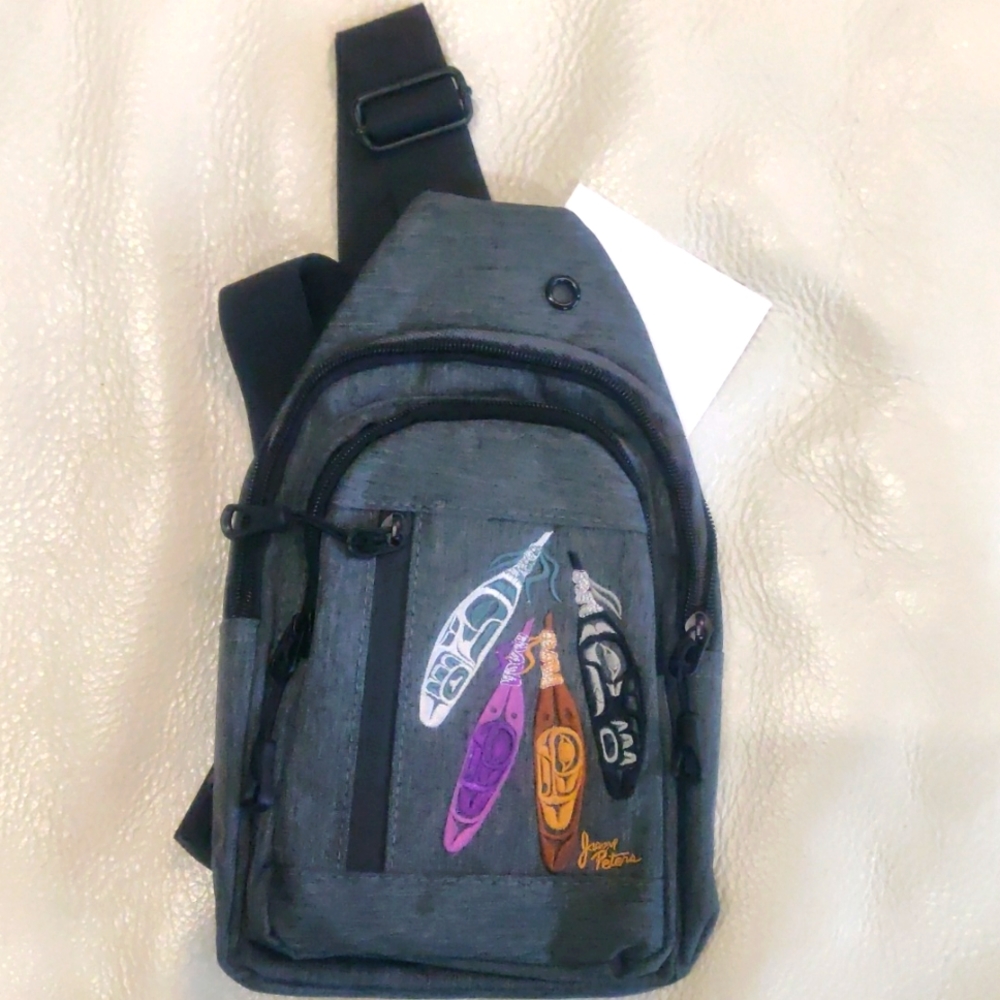 'Eagle Feathers' design by Jason Peters, Salish Sling Bag